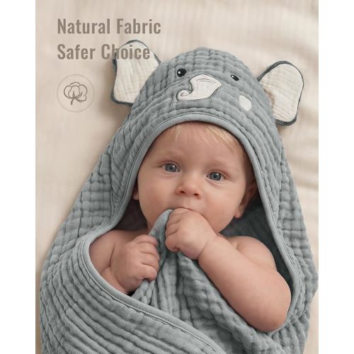 Blissful Diary Muslin Baby Hooded Towel 2 Pack, Soft & Absorbent Bath Towel for Infant, Toddler, Unisex, Baby Gift, Newborn Essentials, Smart Bear & Wise Elephant