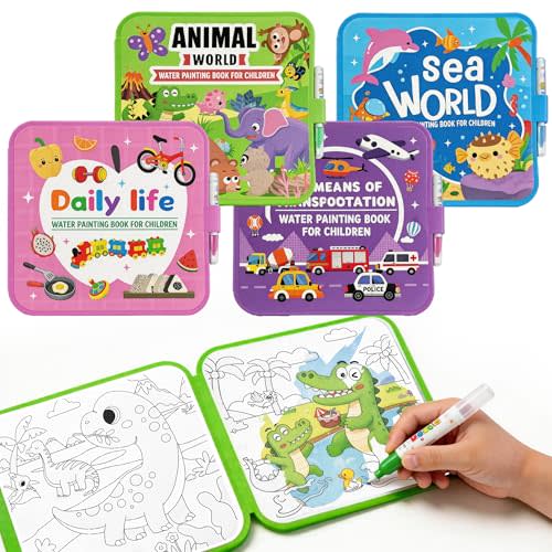 SAMZX Reusable Water Coloring Books for Toddlers 1-3, 4 Pack Magic Water Painting Book for Mess-Free Coloring, Travel Activity Toys & Educational Learning Kits Gifts for Kids Boys Girls Ages 3+