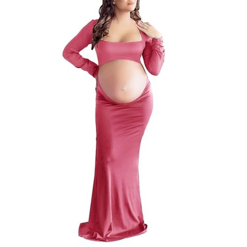 Dedysler Cut Out Maternity Dress for Photos Open Belly Long Sleeve Photography Gown Square Neck Maternity Outfit Dresses