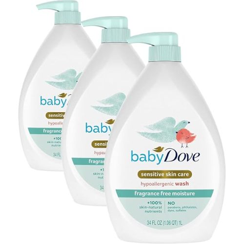 Baby Dove Sensitive Skin Care Baby Wash Fragrance Free Moisture For Baby Bath Time Fragrance Free and Hypoallergenic, Washes Away Bacteria 34 oz (Pack of 3)