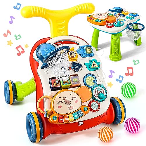 TOY Life 3 in 1 Baby Push Walker and Activity Center, Sit to Stand Walker for Babies 6-12 Months, Baby Walking Toys with Music Panel for Girls Boys, Toddlers Push Toys Gifts for Learning to Walk Red