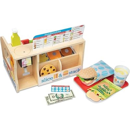 Melissa & Doug Slice-Stack-Serve, Wooden Sandwich Counter Pretend Play Store with Play Food Toys, Play Money & Deli Slicer, Preschool Toys for Kids 3+