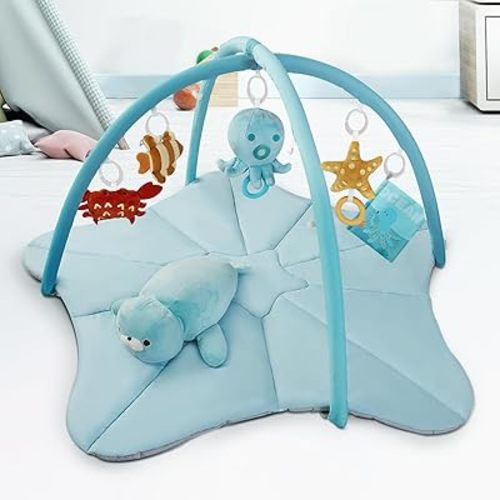 Baby Play Gyms Mat, Larger Tummy Time Mat with Pillow, Mirror & 5 Sensory Toys, Activity Mat for Babies 0-18 Months, Easy to Install & Clean
