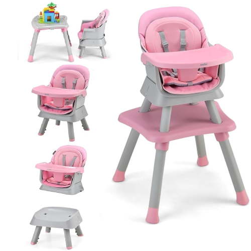 Olakids 8 in 1 Baby High Chair, Convertible to Table and Chair, Adjustable Tray, Pink