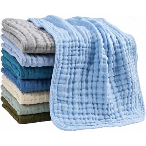Muslin Burp Cloths for Baby Boys, Pack of 8, 6-Layer Large 20"x10" Organic Cotton Burping Cloths, Ultra Soft Absorbent, Spit Up Rags Drool Wash Cloths, Baby Essentials Registry