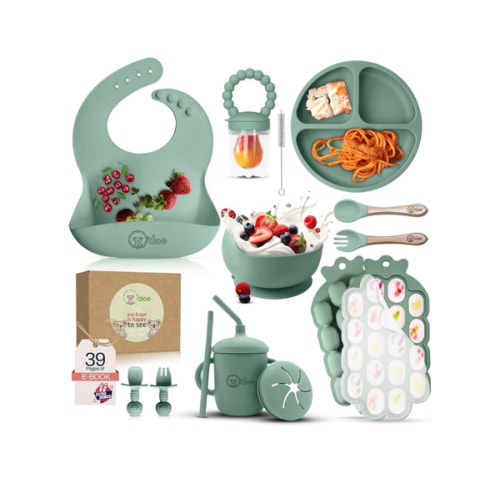 O'doe Baby Weaning Set – 15 Pcs Silicone Baby Feeding Set with Suction Plate, Bowl, Bib, Sippy Cup, Fruit Feeder & Freezer Tray – Baby Plates and Bowls Set for 3M+ | BPA-Free Baby Dishes & Utensils