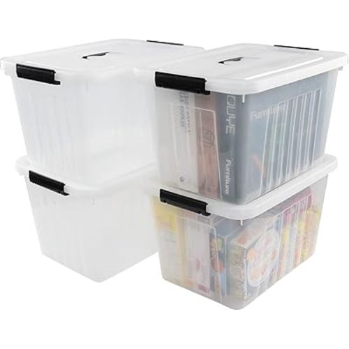 4-Pack 25 Quart Storage Boxes, Plastic Storage Latch Bin with Handle, Clear