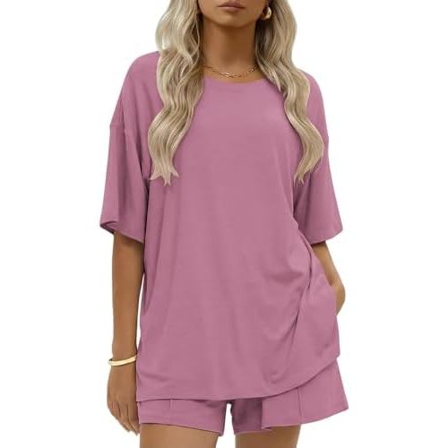 Ekouaer Womens 100% Cotton 2 Pieces Short Sets Summer Short Sleeve Outfits Casual Matching Lounge Set with Pockets