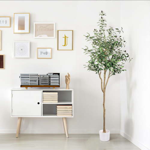 Artificial Olive Tree with Natural Wood Trunk and Lifelike Fruits, 6ft Fake Potted Tree for Home Decor Office Living Room