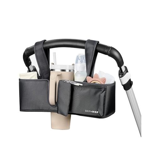 Skip Hop Ultimate Stroller Organizer Universal Fit with Adjustable Straps, Magnetic Flaps and Convertible Design That fits 40 oz. Tumblers, Black