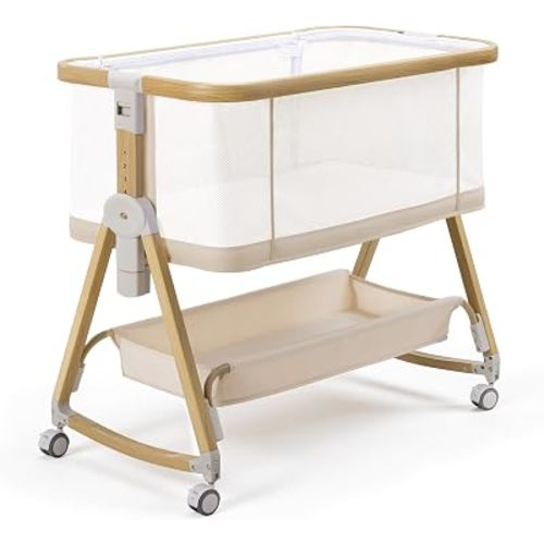 Baby Bedside Sleeper Bassinet, Bassinet Storage Basket and Wheels, Beige