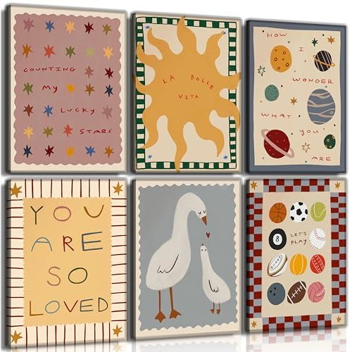 MJVCFWNS 6Pcs Colorful Cute Kids Playroom Canvas Wall Art 12×16in | Nursery Inspirational Quotes Picture Wall Decor Sun Star Ball Goose Printing Artwork for Boys Girls Toddler Room Decor