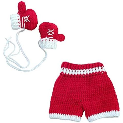 Newborn Photography Props Baby Girl Boy Handmade Crochet Knitted Costume Boxing Style Gloves & Pants Blue & White