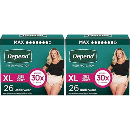 Depend Incontinence Underwear for Women, Extra-Large, 26 Count | Maximum Absorption | Disposable | Blush | Pack of 2