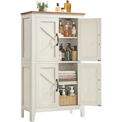VASAGLE LIRY Collection - Farmhouse Storage Cabinet, Bathroom Floor Cabinet with Barn Doors, Freestanding Kitchen Pantry, Adjustable Shelves, for Dining Room, Living Room, Rustic White, UBBK773W01