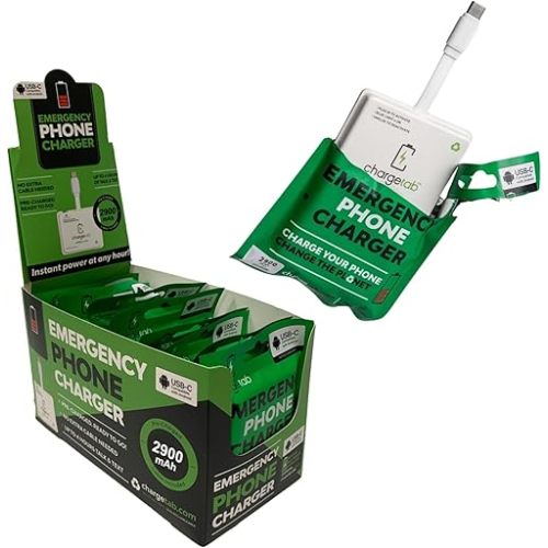 ChargeTab Emergency Portable USB-C Charger – Pre-Charged 3000mAh, Slim & Light, Up to 2-Year Shelf, Compatible w/iPhone 15/16 & Android USB-C Devices (10 Pack)