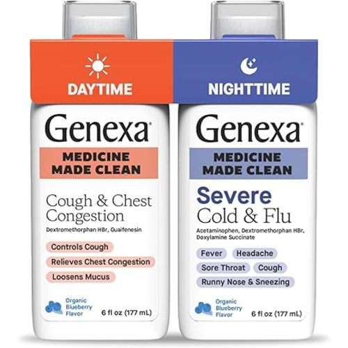 Genexa Clean Cough & Congestion + Nighttime Relief Combo Pack, Dye Free, 0% Artificial Additives, Liquid Multi-Symptom Cough, Cold, & Flu, Organic Blueberry Flavor, 12 fl oz (2 Pack)