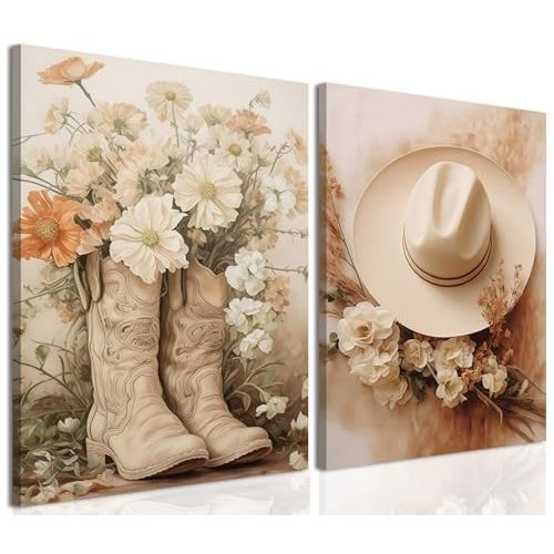 Floral Cowgirl Boots Canvas Wall Art Set of 2, Cowboy Hat with Flower Wall Decor Paintings, Trendy Preppy Western Aesthetic Prints Pictures, for Girls Bedroom Living Room Dorm 12x16 inch Framed