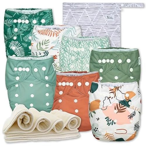 Nora's Nursery Cloth Diapers 7 Pack with 7 Inserts & 1 Wet Bag - Waterproof Cover, Washable, Reusable & One Size Adjustable Pocket Diapers for Newborns and Toddlers - Oasis