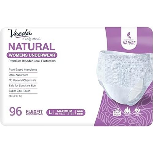 Veeda Natural Adult Incontinence Underwear for Women - Postpartum Underwear for Bladder Leakage Protection - Disposable Underwear with Maximum Absorbency - Large Size - 96 Count