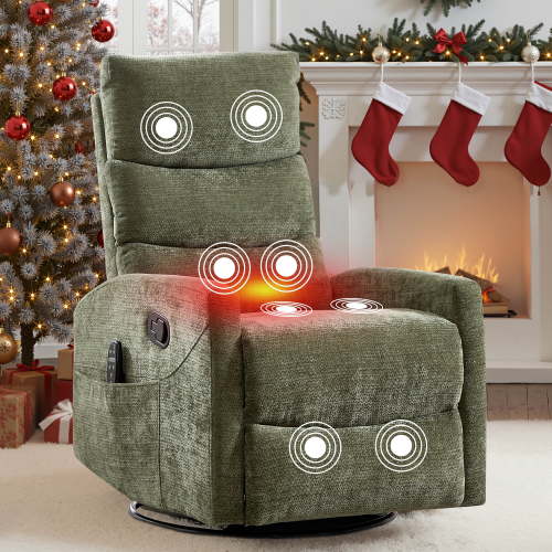 PAPROOS Swivel Rocker Recliner, Fabric 360°Swivel Rocking Recliner with Massage and Heat, Glider Rocking Chair for Nursery, Small Rocker Chair, Manual Recliner for Home Theater Living Room, Green