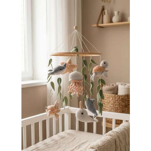 Crochet Ocean Baby Mobile, Scandi Nursery Decor, Turtle Starfish Narwhal, Baby Shower Gift