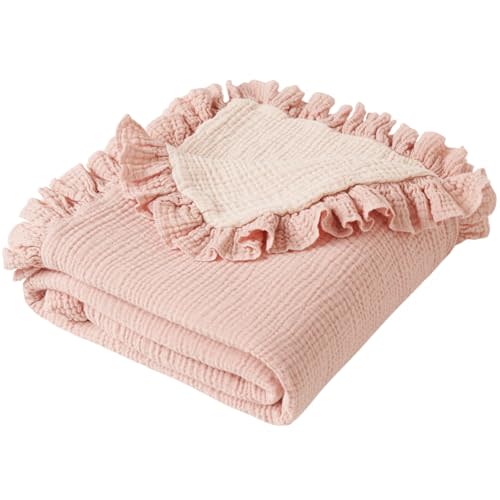 Konssy 100% Cotton Muslin Baby Blanket with Ruffle Trim for Girls, 43"x39" | Reversible Design, Ultra Soft & Lightweight, for Swaddling, Crib, Stroller & Nursery Use, from Newborn to Toddler (Pink)