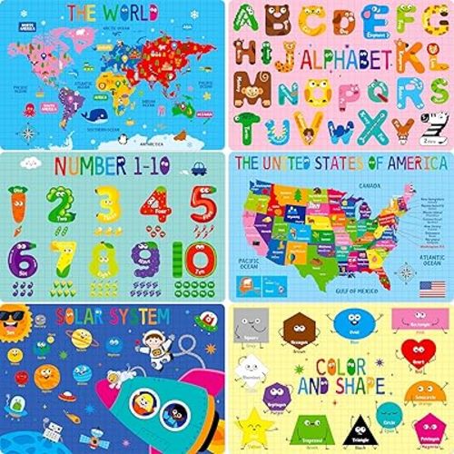 6 Pack Placemats for Kids, Non-Slip Washable, Reusable Alphabet, Number, Shape & Color, Universe, Map Themed Educational Placemats for Home, Kindergarten, Classroom, Nursery