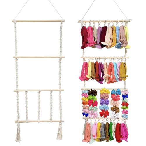 Headband Holder Boho Hair Bow Organizer Macrame Hanger with 30 Hooks Bow Holder Hair Accessories Organizer Wall Hanging Decor