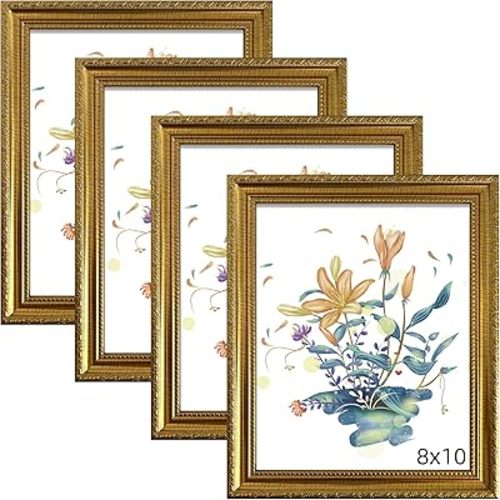 BESCRCL 8x10 Picture Frame Gold with Real Glass, Frames for Wall and Tabletop Display, Rustic Vintage Photo Frame, 4 Pack