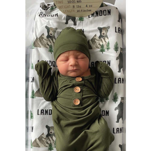 Solid Olive Bamboo Baby Knot Gown & Hat