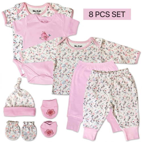 Baby Bright Newborn Baby Girl Clothes Set, 8 Pieces, 0-3 Months, Soft Cotton Outfit Gift