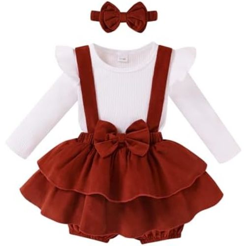 YOUNGER TREE Baby Girl Clothes Winter Outfit Long Sleeve Romper Newborn Fall Corduroy Suspender Skirt Set with Headband