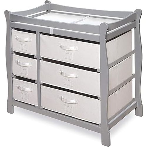 Badger Basket Sleigh Style Baby Changing Table - Diaper Station with 6 Removable Storage Baskets, Safety Rails, Pad, and Belt - Nursery Organizer - Gray/White