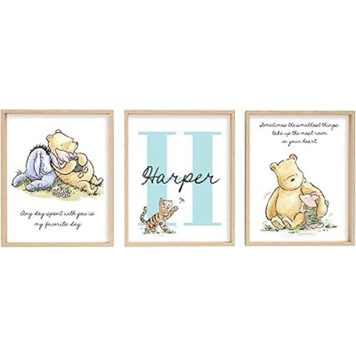Winnie the Pooh Nursery Art Print Set, Personalized Name and Initial, 3 Unframed Prints, 5x7, 8x10, or 11x14 Inch, Classic Pooh Bear Wall Decor for New Baby, Custom Wall Art for Girl Nursery