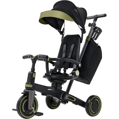 Aneco 9-in-1 Multi-functional Baby Tricycle for Toddlers 10 Months-3 Years with Removable Canopy Rotatable Seat Safety Harness Wheel Brake Adjustable Push Handle Storage Bag Cup Holder Black and Green