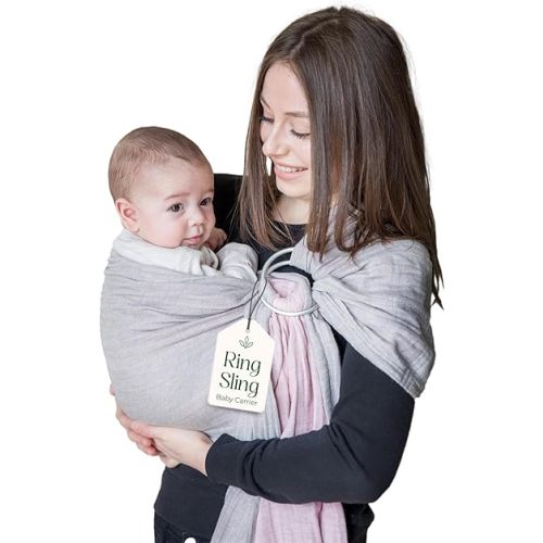 Ring Sling Baby Carrier - USA Lab Tested, 100% Natural Cotton Muslin, Breathable & Ergonomic Ring Sling Grey Rose