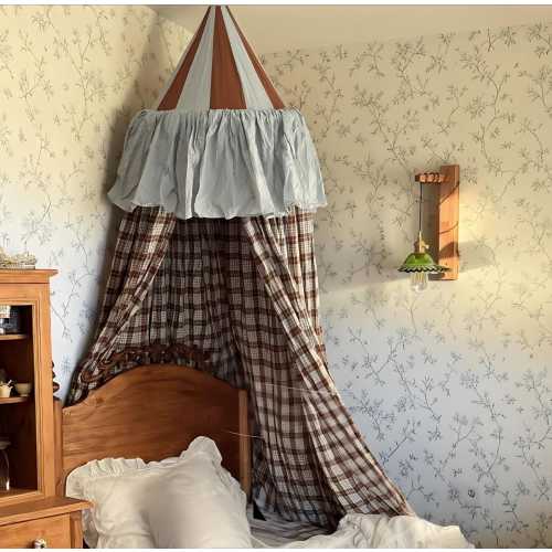 Children's Cotton Bed Canopy – Floral Lattice Princess Tent, Rattan Hoop Decor