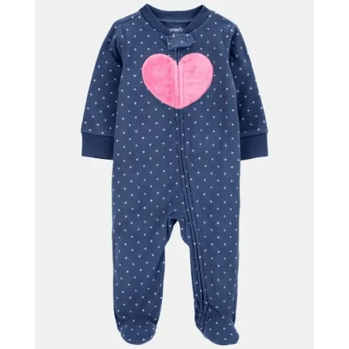 Baby Girl Heart Print Loose Fit Long-Sleeve Sleep & Play Pajamas - Navy | Carter's