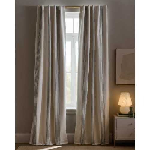 Coastal Stripe Linen Cotton True Blackout Curtain in Ivory/Sage Green