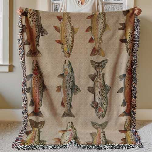 Lake House Woven Blanket, Rainbow Trout, Great Lakes Trout Fishing Gift, Fly Fishing Gift For Fishermen, Cabin Gift, Gift for Dad or Husband