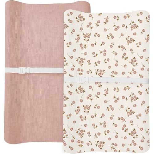 Changing Pad Cover for Baby Boy Girl 2 Pack, Muslin Changing Table Pad Covers with Boho Style, Neutral Nursery Bedding Essentials Soft and Breathable (Floral & Pink)