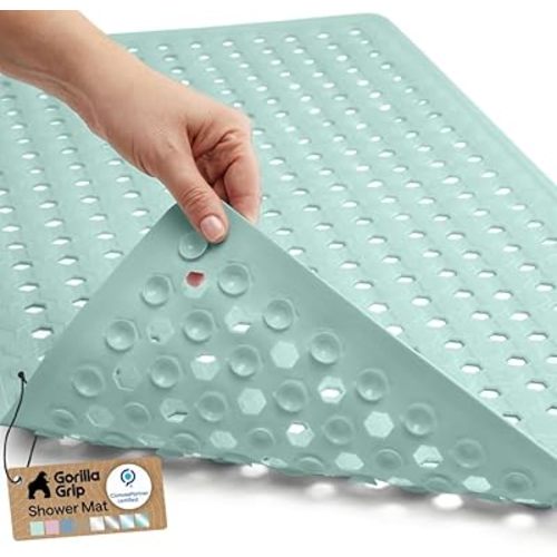 GORILLA GRIP Patented Bath Tub Shower Mat, Machine Washable Bathtub Floor Liner Mats, Suction Cups and Drain Holes to Keep Tubs Clean, Soft on Feet, Bathroom Essentials, 35x16 Inch, Mint Opaque