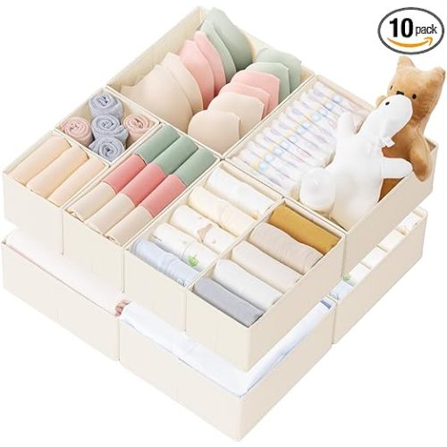 Criusia Drawer Organizer Clothes, 10 Pack Dresser Organizer for Baby Clothes, Underwear, Sock- Foldable Closet Organization and Storage Dividers Bins for Nursery, Bedroom (Beige)