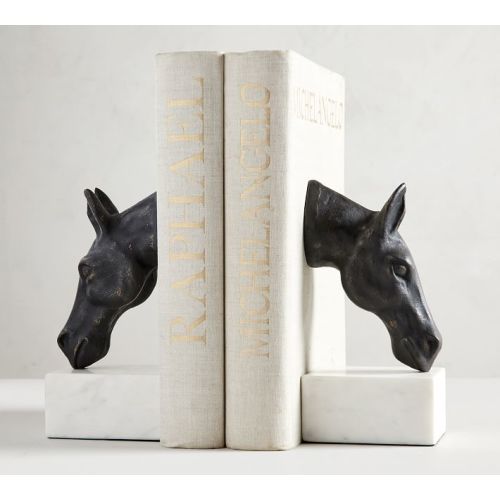 Bronze Horse & Marble Bookends - Set of 2