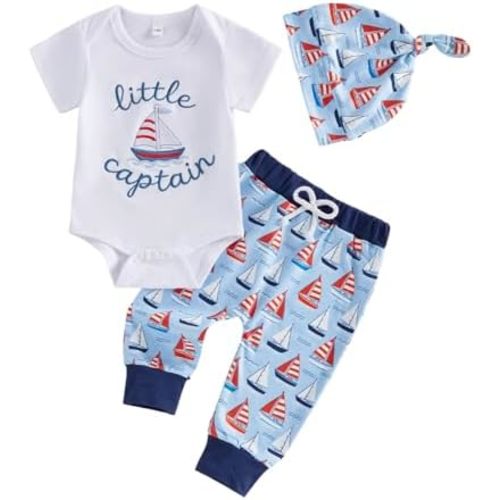 Sasaerucure Newborn Baby Boy Summer Clothes New to The Crew Nautical Short Sleeve Romper and Pants Sail Theme Outfit
