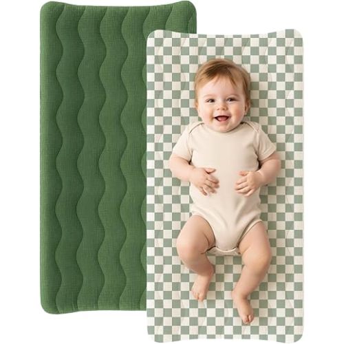 Konssy 2 Pack Quilted Muslin Changing Pad Cover, Waterproof Layer 32" x 16"