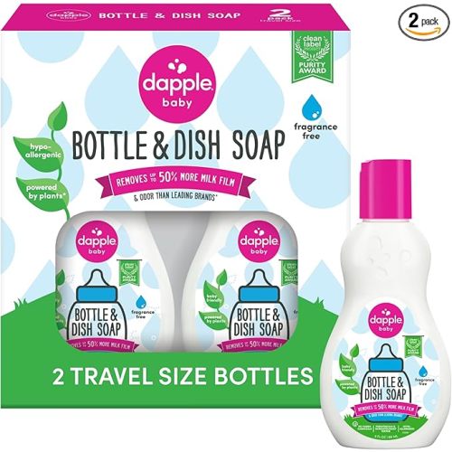 Dapple Baby Bottle Soap, Hypoallergenic Dish Soap for Baby Bottles, Powered by Plants, Travel Size, Fragrance Free, 3 Fl Oz (Pack of 2)