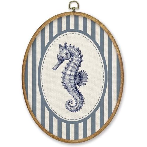 CGBHW Blue Coastal Beach Seahorse Oval Wall Art Decor, Beach Nautical Canvas Prints Framed, Ocean Marine Biology Seahorse Wall Art Hanging Decor for Home Kitchen Beach House Kids Nursery Room, 8.6x11.4 Inch