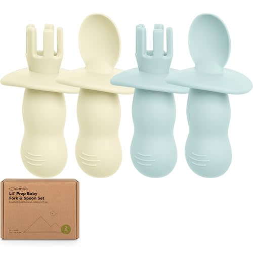 KeaBabies 4-Pack Silicone Baby Spoons and Forks Set - Baby Led Weaning Utensils 6-12 Months, Self Feeding Toddler Spoon & Fork for Training, Teething, Easy to Hold, BPA-Free Silicone (Pastel Sky)
